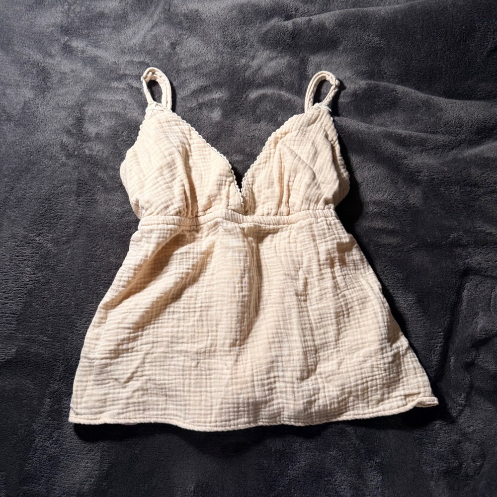 SHEIN Cream Textured Gauze Boho Camisole Top V-Neck Tie Back Size Large